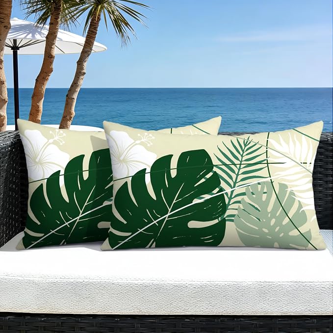 OTOSTAR Outdoor Waterproof Throw Pillow Covers 12x20 Inch Set of 2 Double-Sided Green Tropical Leaf and Flower Spring Summer Decorative Pillow Cases for Patio Funiture Garden Balcony Couch