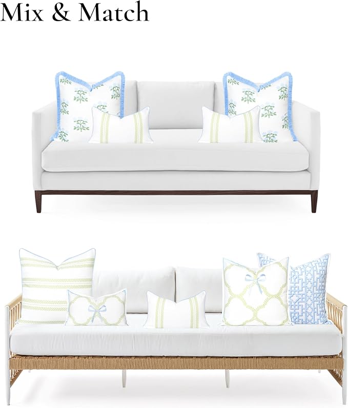 Hofdeco Premium Grandmillennial Coastal Hampton Patio Indoor Outdoor Lumbar Pillow Cover Only, 12"x20" Water Repellent for Backyard, Couch, Poolside, Grass Green Baby Blue Print Leaf Striped