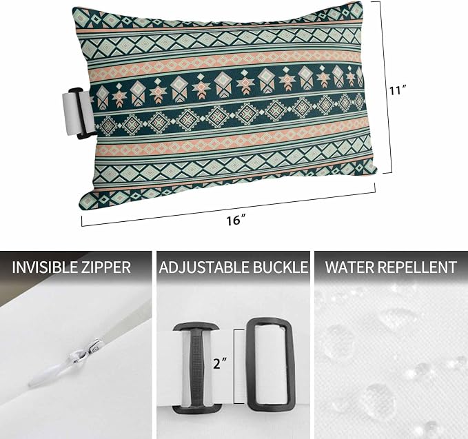 Outdoor Lumbar Pillow Set of 1, Dark Green Boho Striped Waterproof Beach Headrest Pillow with Inserts, Southwestern Ethnic Tribe Vintage Recliner Throw Pillows for Patio Furniture, 11 x 16