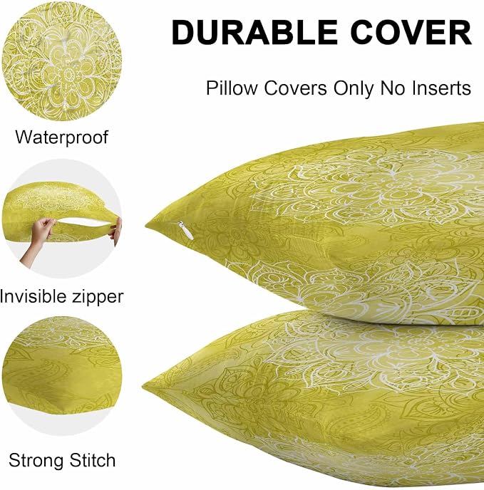 Vandarllin Outdoor Throw Pillows Covers 20x12 inch Set of 2 Waterproof Yellow Boho Floral Decorative Zippered Cushion Covers for Patio Furniture, Bohemian Flower Lumbar Pillowcases