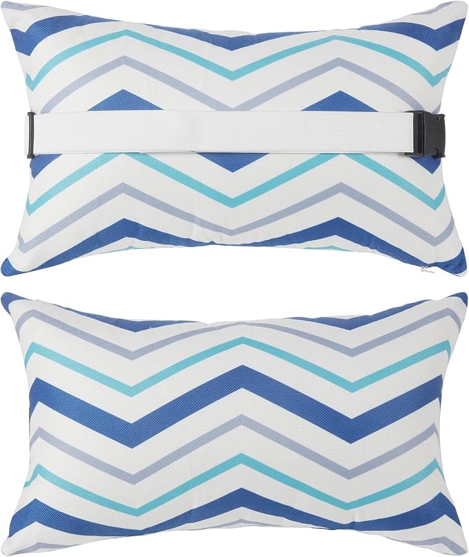 Outdoor Pillow for Chaise Lounge Chair, 2pcs Chaise Lounge Pillows Lumbar Pillows with Insert and Adjustable Elastic Strap for Patio Beach Office Chair, Blue White Stripe