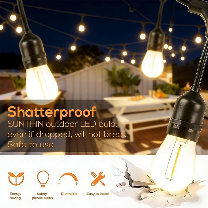 SUNTHIN 105FT Outdoor String Light with 34 1W LED Shatterproof Filament Bulb for Patio Lights, Backyard, Porch, Party Lights