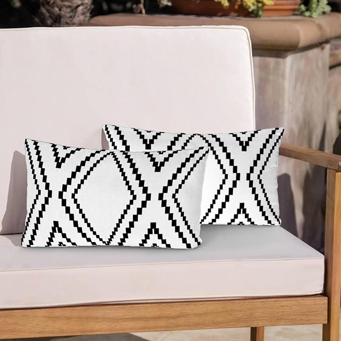 Outdoor Pillow Covers Waterproof, 12x20 Inches, Outdoor Boho Lumbar Throw Pillow Cases Decorative Pillows for Couch Patio Furniture Polyester Linen, White More (Black&white-02, 12x20 Inch)