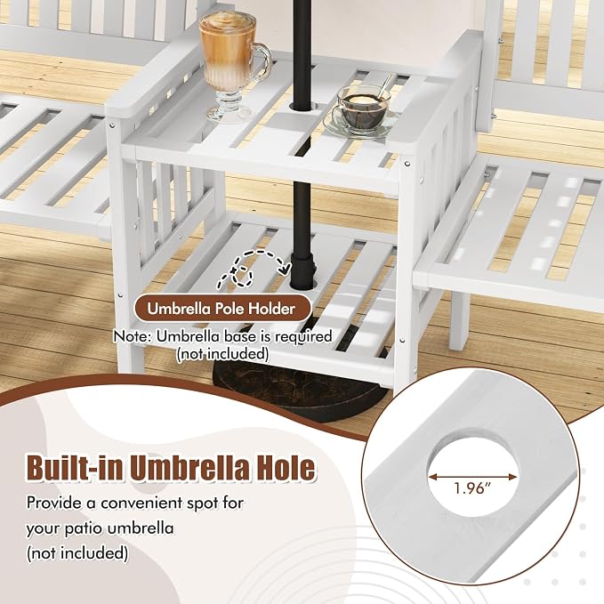 Tangkula Outdoor Wood Loveseat with 2-Tier Side Table and Umbrella Hole, 2-Seater Patio Garden Bench with Armrests and Slatted Seats, Outdoor Table and Chairs Set for Porch and Balcony