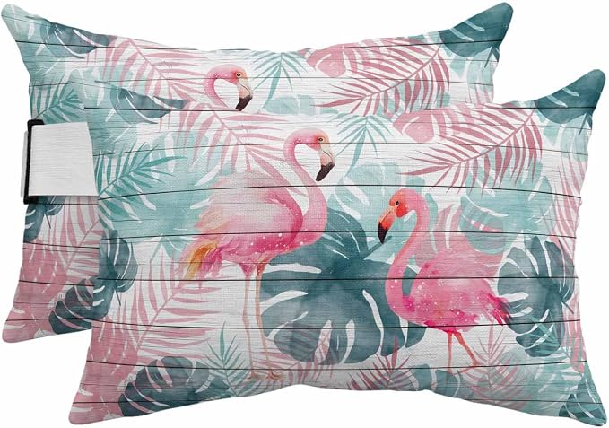 Outdoor Lumbar Pillow Set of 2, Flamingos Waterproof Beach Headrest Pillow with Inserts, Green Summer Monstera Leaves Tropical Vintage Recliner Throw Pillows for Patio Furniture, 11 x 16