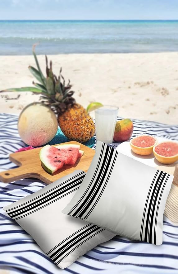 Outdoor Waterproof Pillow Covers for Patio Furniture Black Ticking Vertically Stripe Decorative Throw Pillow Cover Simple Style White Pillowcases Set of 2 Cushion Case for Sofa Couch Chair 16 x 16 In
