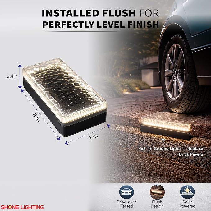 4x8 Solar Ground Lights, 3500K Paver Light, Warm White, 6Pack | Super Bright 100-LEDs, Outdoor Waterproof, Recessed Lighting Bricks, Driveway, Pathway, Walkway, Garden deck, Landscape