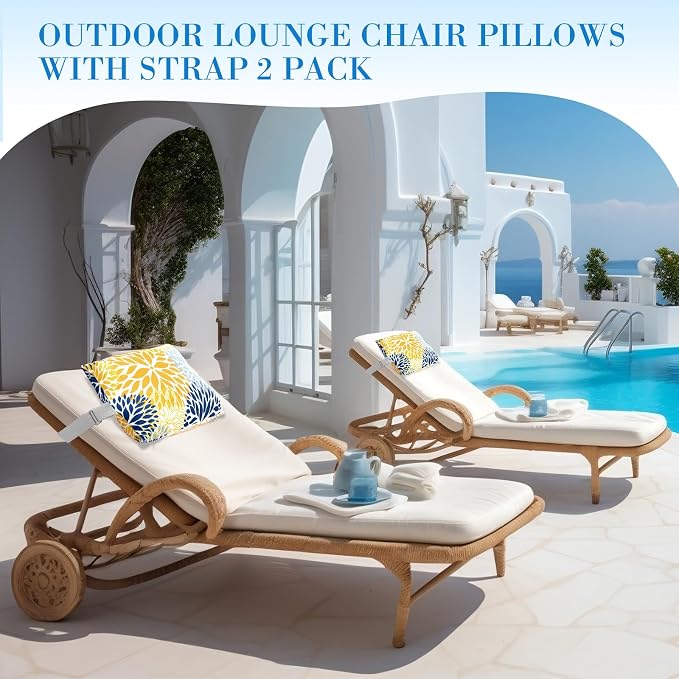 Lineshading 4 Pcs Chaise Lounge Pillow with Strap Outdoor Waterproof Pool Chair Neck Headrest Pillows with Adjustable Elastic Band for Beach Patio Chair Recliner(Yellow,Floral)