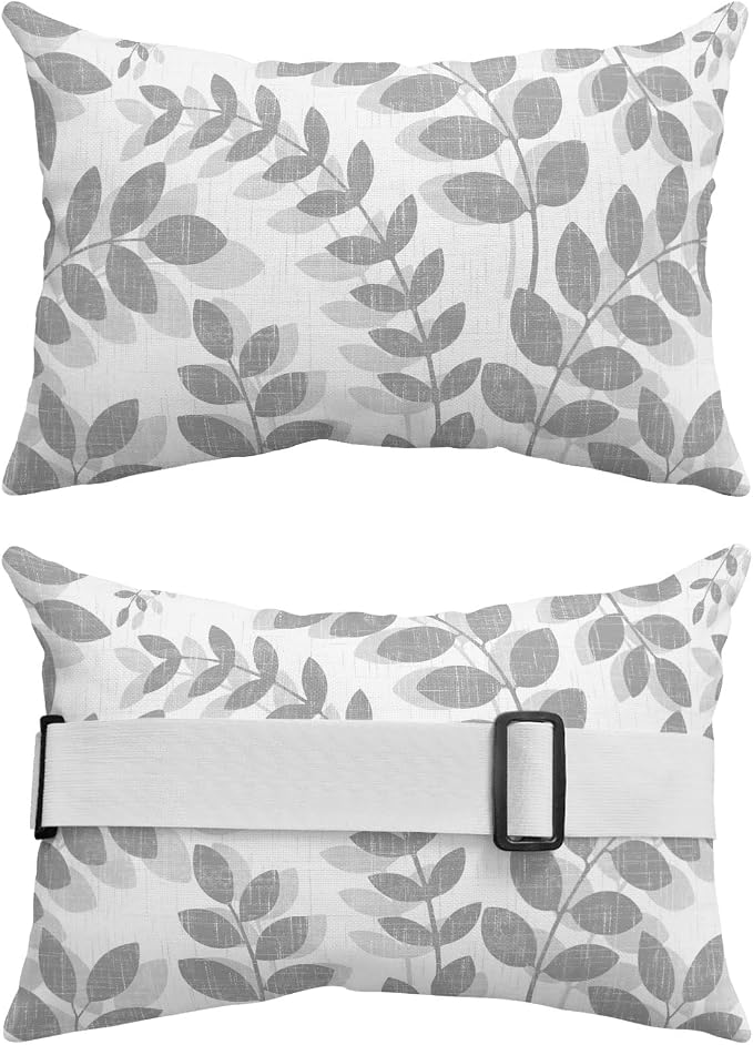 Chaise Lounge Headrest Pillow 1 Pack, Gray Leaves Waterproof Chair Pillows with Insert & Adjustable Elastic Strap for Beach Pool Recliner, Summer Farmhouse Botanical Leaf Branch Outdoor Patio Pillow
