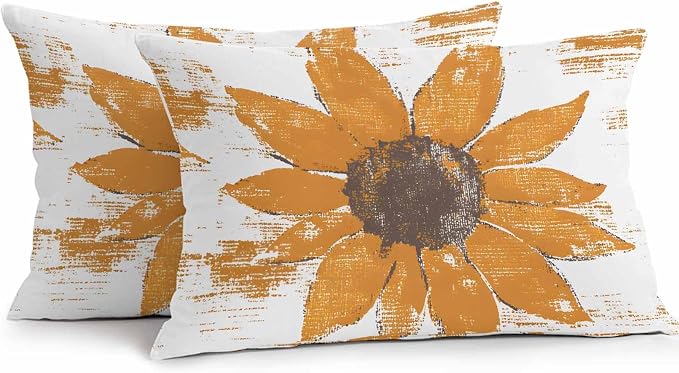 Vandarllin Outdoor Throw Pillows Covers 20x12 inch Set of 2 Waterproof Orange Sunflower Decorative Zippered Cushion Covers for Patio Furniture, Flower Field Lumbar Pillowcases