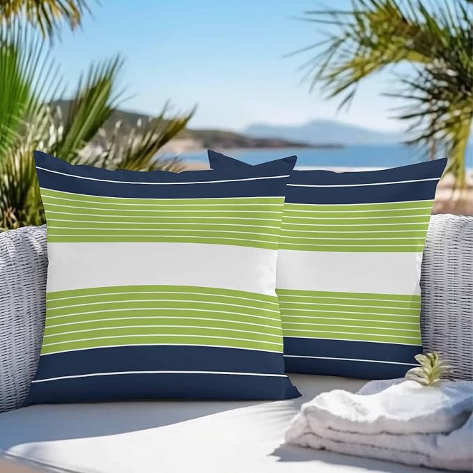 Navy Blue Green Stripe Outdoor Pillow Covers Waterproof, All Weather Cushion Case Set of 2, Modern Art Horizontal Striped Decorative Pillowcases for Sofa Couch Bed Decor Patio Furniture 16"x16"