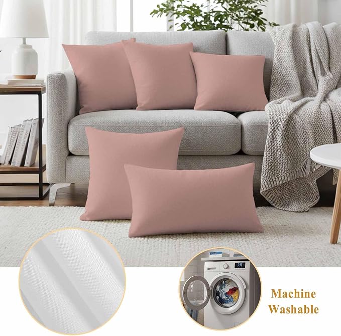 Lumbar Pillow Covers 12 x 20 Inches, Pink Pure Color Waterproof Throw Pillow Cover Set of 2, Aesthetics Contemporary Luxury Decorative Rectangle Cushion Covers for Patio/Couch/Garden