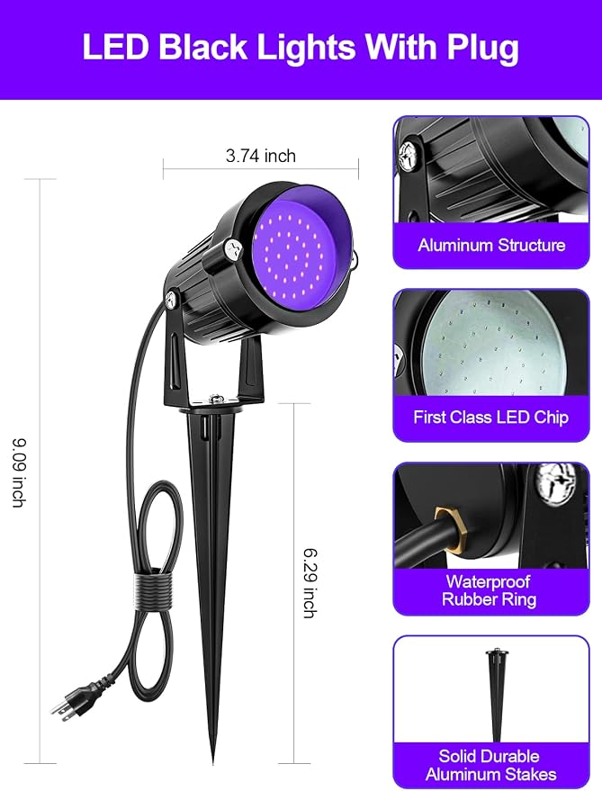 ZUCKEO Halloween Black Light Spotlight Outdoor LED Blacklight, 15W Waterproof Spot Lights Landscape Lighting with US Plug for Glow Party Body Paint Fluorescent Poster Bar Yard Garden Decor(1Pack)
