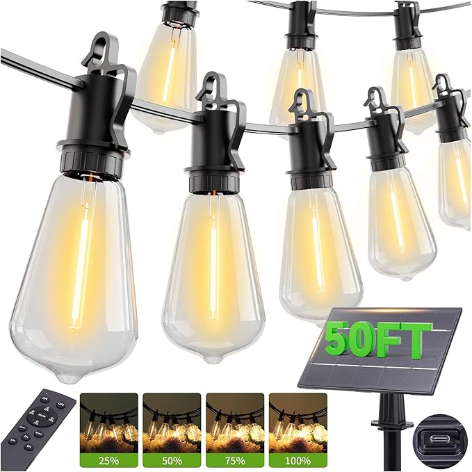 50FT Solar String Lights Outdoor with Remote, IP65 Waterproof Shatterproof ST38 15 LED Bulbs, 2700K Dimmable Outside Hanging Lights for Patio, Garden, Camping, Deck, Backyard Decor