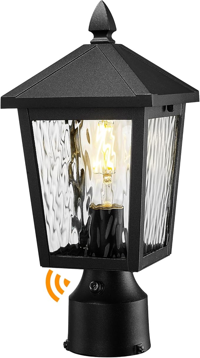 zeyu Lantern Post Light Fixture with Photocell Sensor, 13.7 Inch Dusk to Dawn Outdoor Post Lighting, Exterior Pole Lighting Fixture with Water Ripple Glass, 20076PS-PC BK-WP