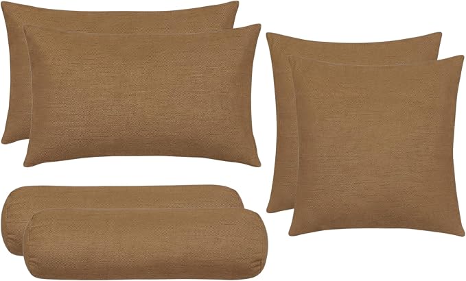 RSH DECOR: 6-Pack Pillow Set | Outdura Performance Fabric |Water & Fade-Resistant| 17" Square, 20"x12" Lumbar, 20"x6" Neck Roll | Outdoor Pillows for Patio Furniture | Made in USA (Canvas Sepia)