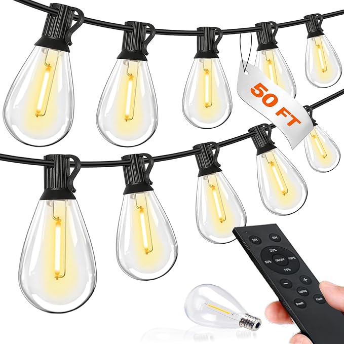 Tenmiro 50FT LED Outdoor String Lights with Remote,16+ 1 Shatterproof Bulbs Waterproof and Dimmable Patio Lights for Porch, Garden, Backyard, Deck, Balcony, Hanging Lighting Decor