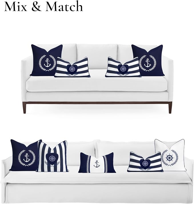 Hofdeco Premium Coastal Outdoor Performance Lumbar Pillow Cover Only, 12"x20" Water Repellent, UV and Fade Resistant for Backyard, Couch, Poolside, Navy Blue Embroidered Nautical Yacht Stripe