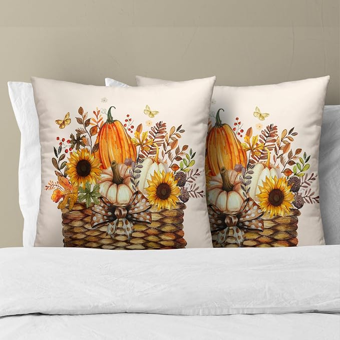 Fall Farmhouse Pillow Covers 16x16 Inch, Set of 2 Autumn Pumpkin Sunflowers Leaves Basket Square Cotton Pillowcases for Couch Sofa Living Room Bedroom Indoor Outdoor Decor