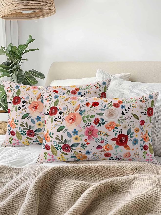 Outdoor Waterproof Throw Pillows Watercolor Leaf Colorful Bloom Floral Patio Pillows,Decorative Pillow Covers with Insert,Pillow Cushion Case for Garden Couch Sofa Vintage Country on Pink