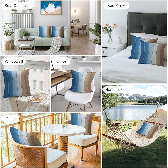 Throw Pillow Covers 18x18 Inch Set of 2, Blue Brown Waterproof Outdoor Cushion Covers, Gradient Wood Grain Farmhouse Country Decorative Pillowcases for Couch, Sofa, Bed, Garden, Patio