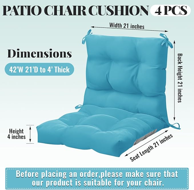 Marsui 4 Pcs Outdoor Indoor High Back Chair Cushions Patio Furniture Tufted Pillow with Ties Water-Resistant Replacement Outdoor Rocking Chair Cushions, 42 x 21 Inches (Royal Blue,Solid Color)