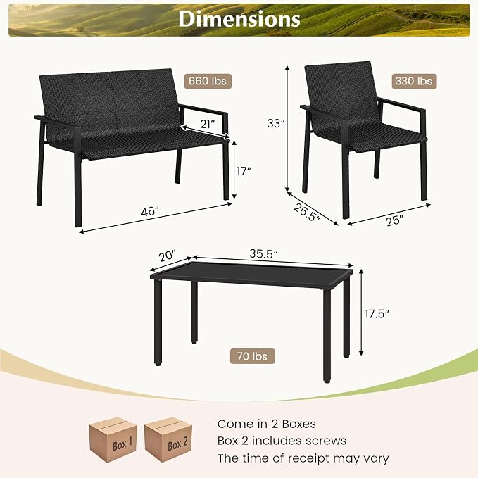HAPPYGRILL 4 Pieces Wicker Patio Conversation Set with Coffee Table, PE Rattan Chairs with Galvanized Metal Frame, Outdoor Table and Chairs Set for Small Space, Balcony, Poolside, Backyard (Black)
