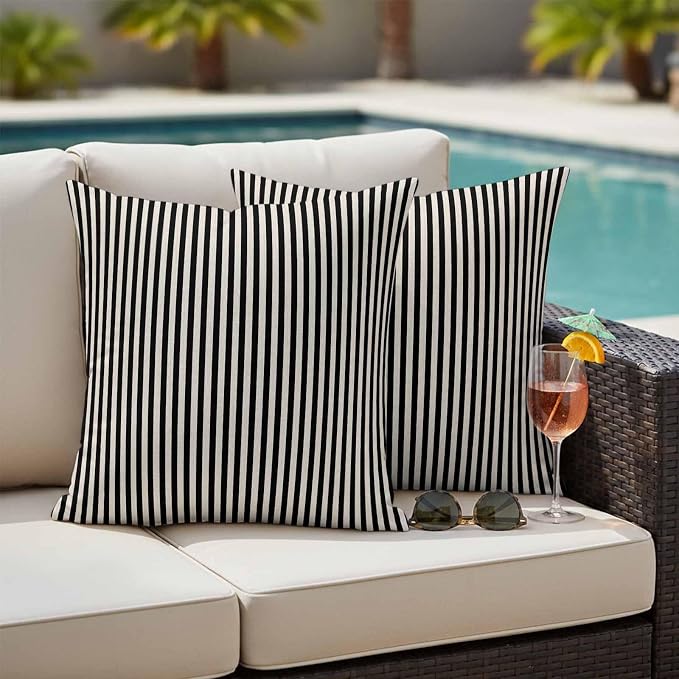 Black Beige Stripe Outdoor Pillow Covers Set of 2 Vintage Abstract Classic Minimalist Vertical Striped Waterproof Throw Pillow Cover Decorative Cushion Cases for Patio Porch Garden 26X26 Inch