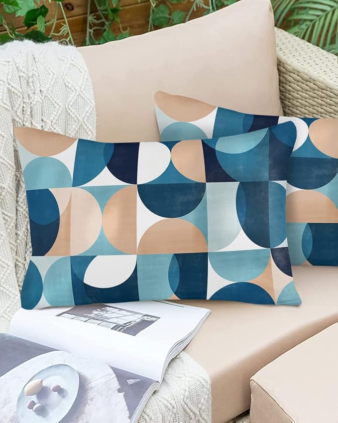Vandarllin Outdoor Throw Pillows Covers 20x12 inch Set of 2 Waterproof Mid Century Geometric Decorative Zippered Cushion Covers for Patio Furniture, Abstract Modern Blue Lumbar Pillowcases