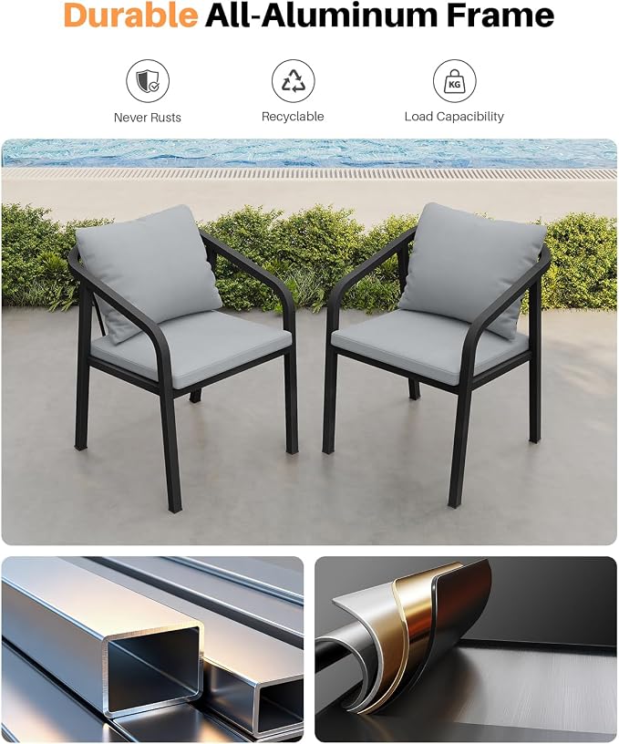 Never-Rust Aluminum Outdoor Dining Chairs Set Of 2, Patio Dining Chairs with Thick Cushion, Outdoor Patio Chairs with Wraparound Backrest and Curved Armrest for Balcony, Lawn, Courtyard, Black