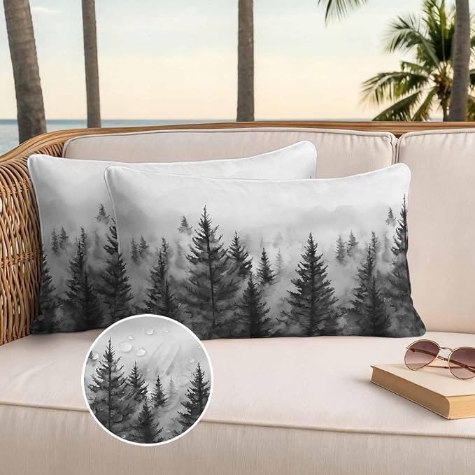 Retro Mist Forest Waterproof Outdoor Pillow Covers Set of 2 Home Decor, Watercolor Mountains Nature Landscape Pillowcase Patio Pillow Covers for Couch Bench Furniture Garden 20x12in