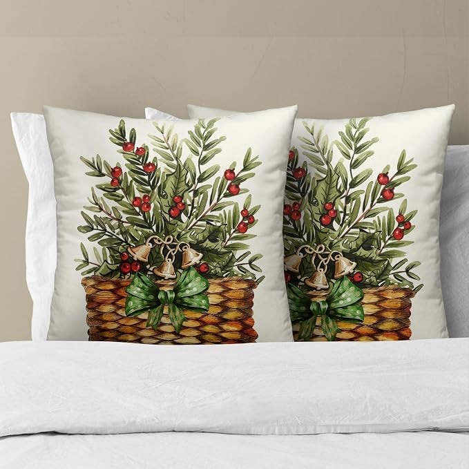 Winter Botanical Throw Pillow Covers 16x16 Inch, Set of 2 Holiday Pine Branches Red Berries in Basket Square Cotton Pillowcases for Couch Sofa Bed Porch Cabin Rustic Home Decor