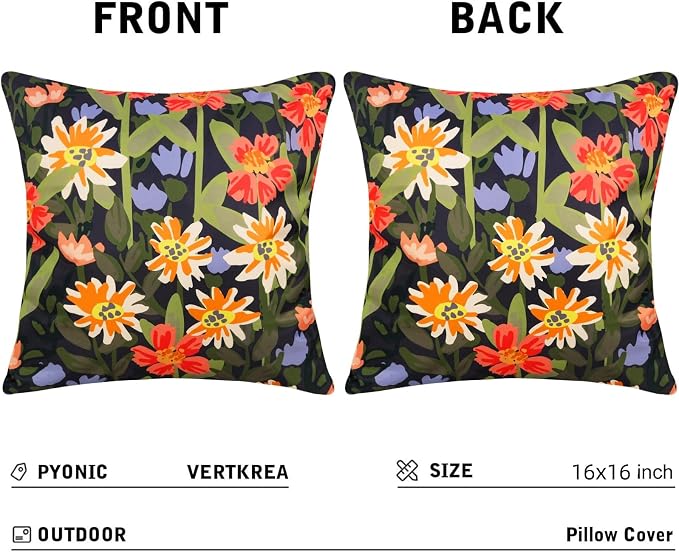 Pyonic Outdoor Pillows Covers Pack of 2 Spring Floral Waterproof Throw Pillow Covers 16X16 inch Outdoor Pillows for Patio Furniture Garden Square Outside Waterproof Pillow,Black