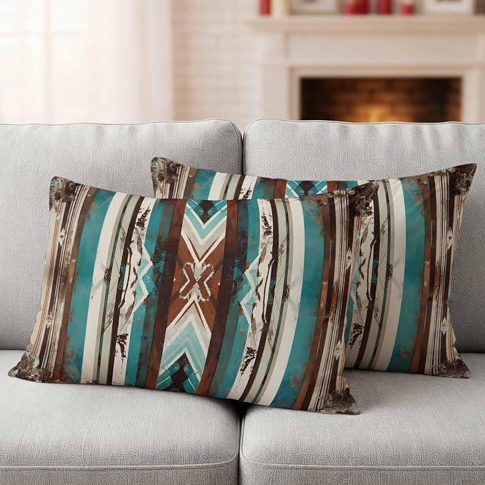 Ethnic Tribal Stripes Outdoor Pillow Covers 20"x12" Set of 2, Retro Vintage Geometric Teal Brown Stripes Waterproof Throw Pillow Covers for Patio Furniture, Decorative Cushion Covers for Porch