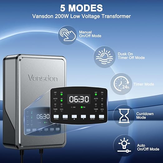 Vansdon 200W Low Voltage Landscape Transformer,2 Zone,Photocell & Timer | 120V AC to 12V/14V AC,Circuit protection & Memory function,5 modes,Weatherproof,for Outdoor Pathlight,Spotlight,ETL Listed
