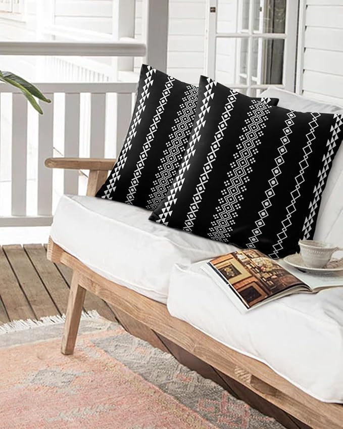 Outdoor Waterproof Throw Pillows 18x18in, Traditional Tribal White Diamond Patio Pillows Pack of 1, Decorative Pillow Covers with Insert, Pillow Cushion Case for Garden Boho Geometric on Black