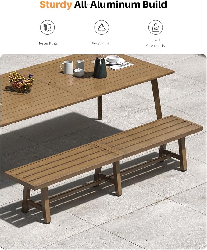 76'' Outdoor Patio Bench, 3-Seat Never-Rust Aluminum Backless Outdoor Bench with Thick Cushion, Weatherproof Outdoor Dining Benches, Outside Porch Benches for Balcony, Deck, Garden, Lawn, Teak