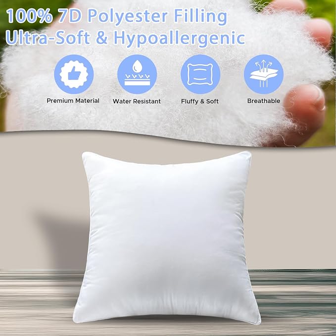 22x22 Waterproof Outdoor Square Pillow Inserts, 2 Pack | Hypoallergenic & machine washable. Soft yet supportive, stays plump. Waterproof protection for patio, sofa, bed, garden.