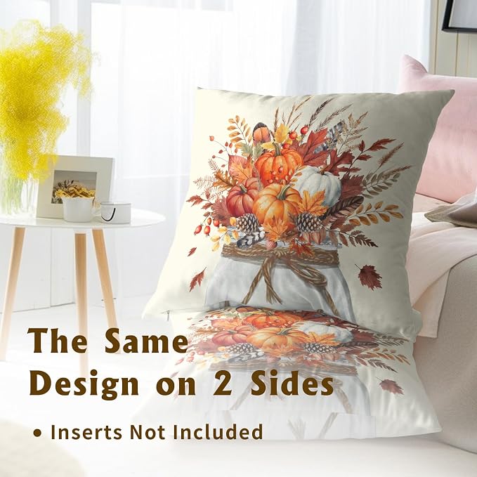 Vintage Pumpkin Throw Pillow Covers 18x18 Inch Set of 2, Rustic Fall Orange Floral Vase Square Pillowcases Cotton Cushion Cover for Couch Sofa Bedroom Porch Cabin Patio Decor