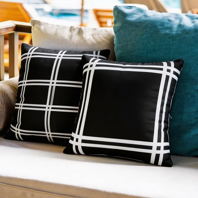 Set of 2 Outdoor Waterproof Pillow Covers 18x18 Black White Plaid | Classic Black and White Plaid Pattern Brings Farmhouse Charm to Indoor and Outdoor Decor