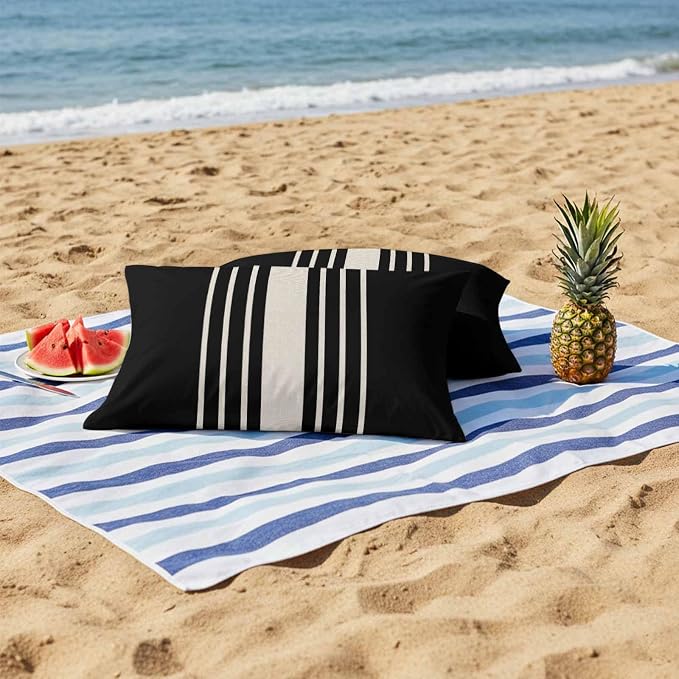 Black Beige Striped Outdoor Pillow Covers 20x12 Inch Lumbar Pillow Covers Set of 2 Waterproof Decorative Throw Pillow Cases Modern Farmhouse Retro Lines Cushion Covers for Patio Furniture Garden Couch