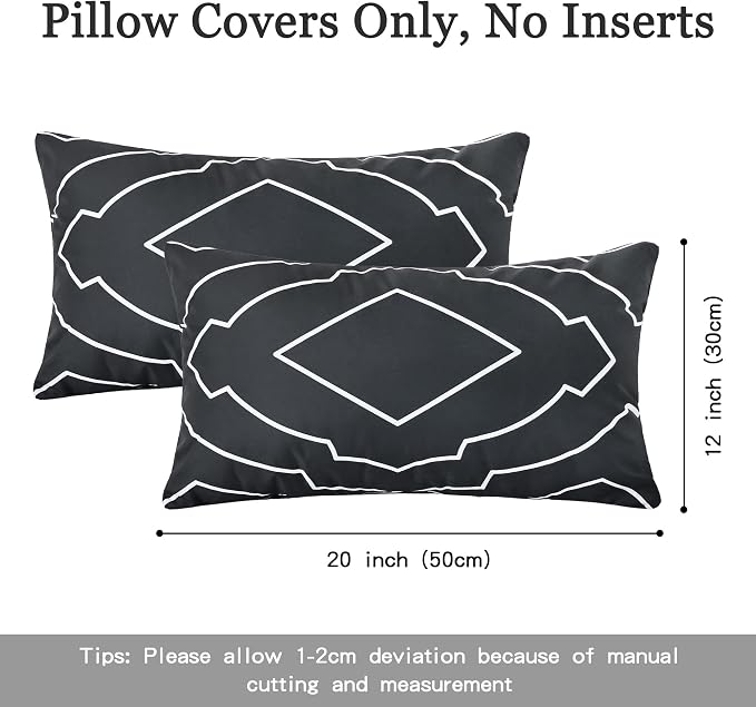 Waterproof Geometric Outdoor Pillow Covers 12x20 Inch Set of 2 | Black and White Geometric Throw Pillow Covers, Modern Decorative Cushion Cases for Patio Garden Porch Balcony Couch Sofa