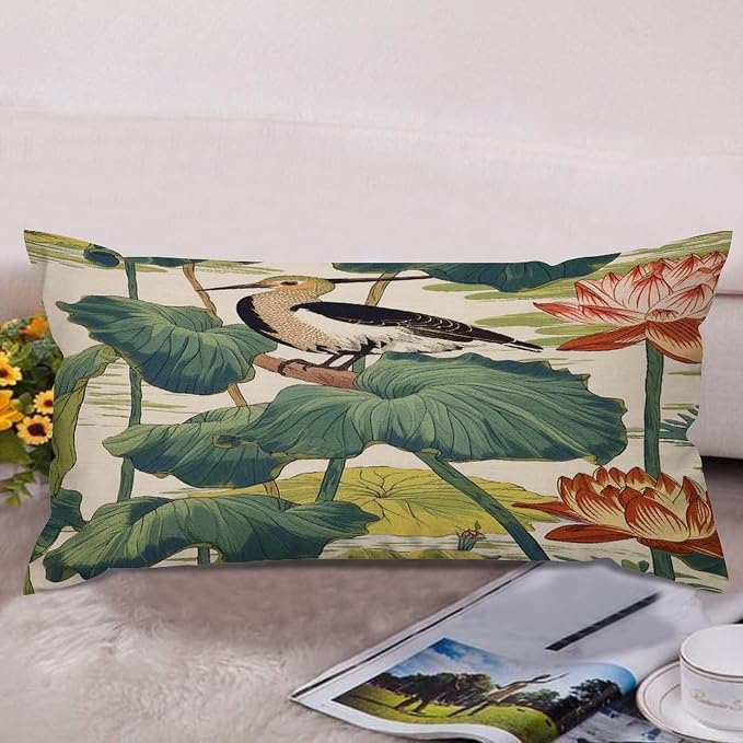Set of 2 Chinese Pond Bird Decorative Throw Pillow Covers 12x24in Farmhouse Rectangle Accent Pillow Cases Cushion Cover Cases for Sofa Chair Bedroom Home Decor
