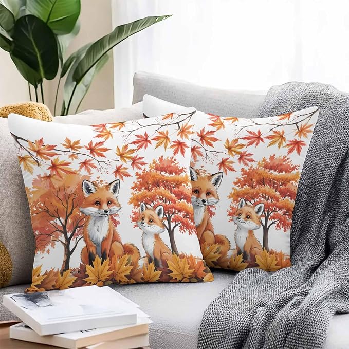 Orange Fox Outdoor Waterproof Pillow Covers, Thanksgiving Maple Leaves Autumn Trees Decorative Square Throw Pillowcase Sofa Cushion Sham for Patio/Couch/Chair, 26"x26" 2 Pack