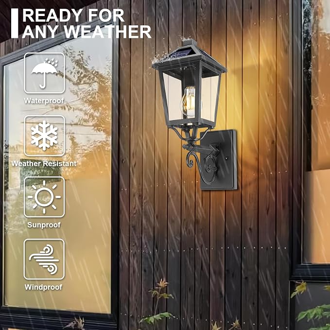 Solar Outdoor Wall Light, 17'' Vintage Lantern-Style Sconce with Remote Control, Alluminum Matte Black Weatherproof Exterior Lighting Front Porch Lights for House Garage Doorway Patio