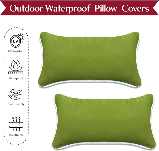 HER HWA Outdoor Lumbar Pillow Covers White Piping 20"x12" Set of 2, Garden | durable fade-resistant water-resistant 100% polyester white piping smooth zipper machine washable for indoor outdoor décor