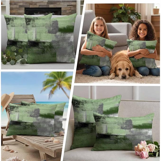 Green Ombre Waterproof Outdoor Pillow Covers Set of 2 Home Decor, Farmhouse Abstract Mottled Texture Art Pillowcase Patio Pillow Covers for Couch Bench Furniture Garden 26x26in