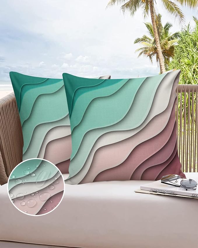 Funy Decor Waterproof Outdoor Throw Pillow Cover Green Modern Geometric Lumbar Pillowcases Set of 2 Abstract Beach Decorative Patio Furniture Pillows for Couch Garden 16 x 16 Inches