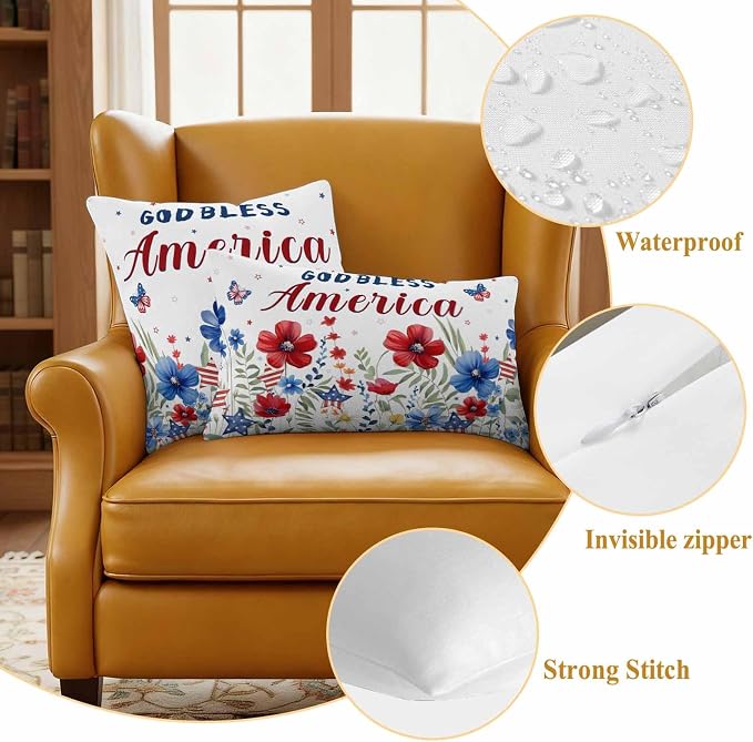 God Bless USA Outdoor Waterproof Throw Pillow Covers Set of 2, 18"x18", Red Blue Daisy Butterfly Independence Day Decorative Pillow Covers Outside Cushion Case for Patio Porch Garden