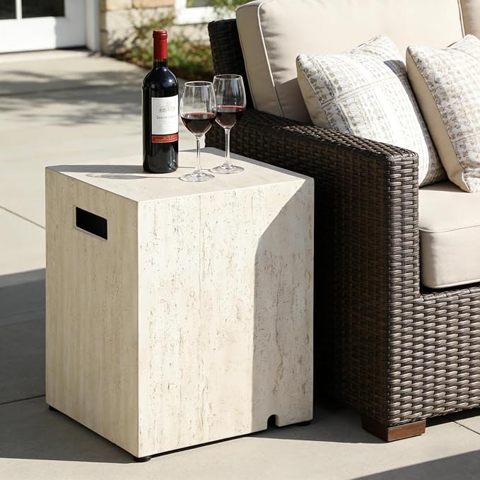 Propane Tank Cover Table, Square Tank Container Fits Standard 20 lb Cylinder Bottle Storage Box Hideaway Table, Gas Tank Holder for Outdoor Gas Fire Pits, Beige Travertine